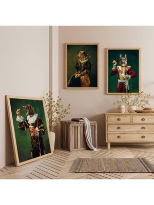 Ahşap Çerçeveli Kraliyet Köpekleri Üçlü Ahşap Tablo Seti