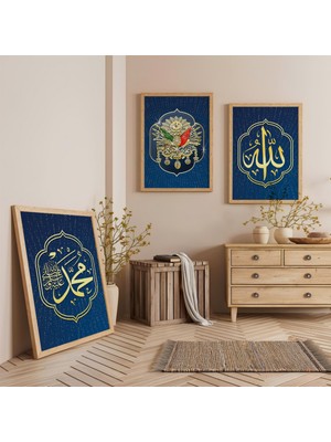 Ahşap Çerçeveli Osmanlı Tuğrası ve Allah Muhammed Lafzı Üçlü Ahşap Tablo Seti