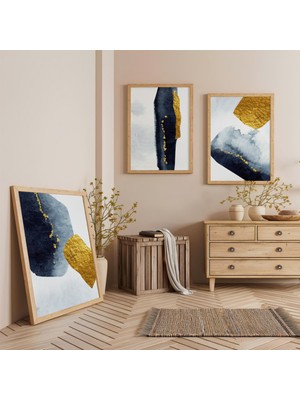 Ahşap Çerçeveli Altın Dokunuşlar Üçlü Ahşap Tablo Seti