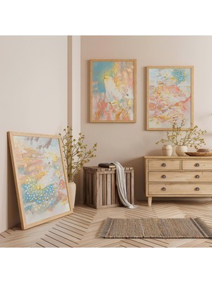 Ahşap Çerçeveli Pastel Bahar Üçlü Ahşap Tablo Seti