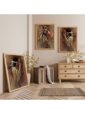 Ahşap Çerçeveli Kızıl Dereli Aşık Gençler Üçlü Ahşap Tablo Seti