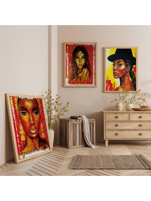 Ahşap Çerçeveli Modern Kadın Potreleri Üçlü Ahşap Tablo Seti