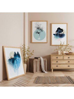 Ahşap Çerçeveli Ay Işığı ve Gölgeler Üçlü Ahşap Tablo Seti