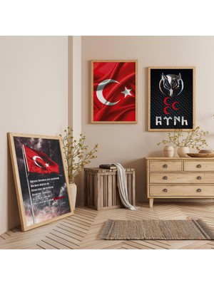 Ahşap Çerçeveli Türk Ün Sembolü Üçlü Ahşap Tablo Seti