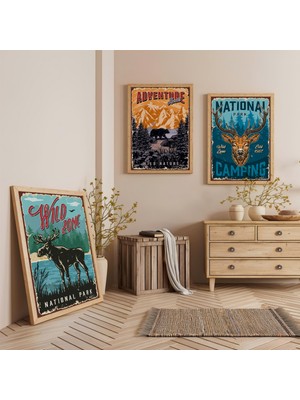 Ahşap Çerçeveli Doğa Maceraları Üçlü Ahşap Tablo Seti