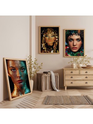 Ahşap Çerçeveli Modern Kadın Potreleri Portreleri Üçlü Ahşap Tablo Seti