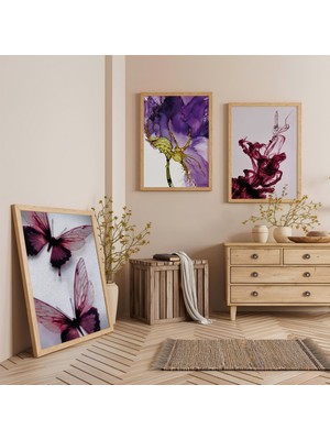 Ahşap Çerçeveli Akışkan Renkler ve Kelebek Üçlü Ahşap Tablo Seti