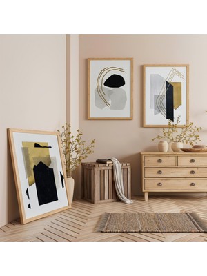 Ahşap Çerçeveli Soyut Geometrik Sanat Üçlü Ahşap Tablo Seti