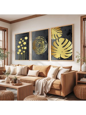 Ahşap Çerçeveli Gece Bahçesi Üçlü Ahşap Tablo Seti