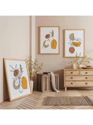 Ahşap Çerçeveli Minimalist Bitkiler Üçlü Ahşap Tablo Seti