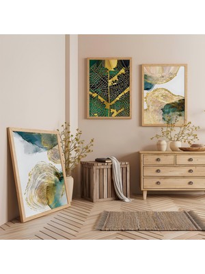 Ahşap Çerçeveli Yeşilin Dokunuşu Üçlü Ahşap Tablo Seti