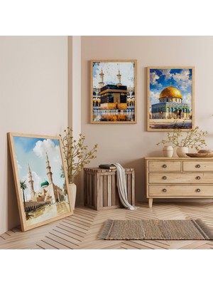 Ahşap Çerçeveli Kabe Mescidi Aksa ve Nebevi Üçlü Ahşap Tablo Seti