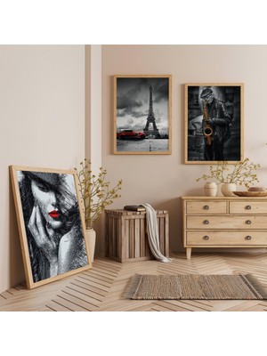 Ahşap Çerçeveli Eiffel Kulesi Üçlü Ahşap Tablo Seti