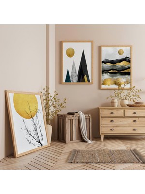 Ahşap Çerçeveli Güneş ve Dağ Üçlü Ahşap Tablo Seti