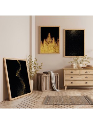 Ahşap Çerçeveli Altın Sarı Ağaçlar Üçlü Ahşap Tablo Seti