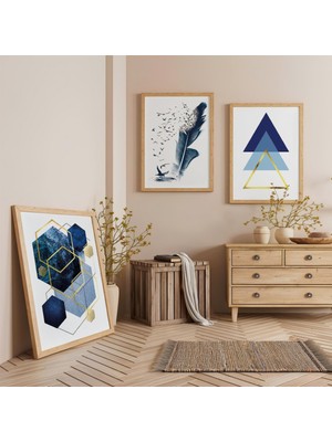 Ahşap Çerçeveli Mavi Renkte Minimalist Şekiller Üçlü Ahşap Tablo Seti