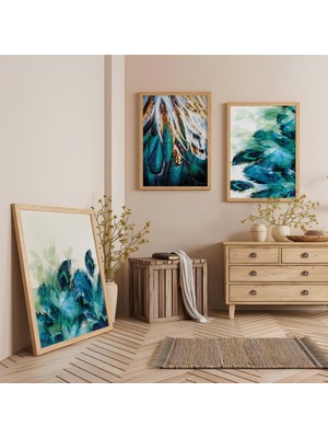 Ahşap Çerçeveli Mavi Yeşil Soyut Doğa Üçlü Ahşap Tablo Seti