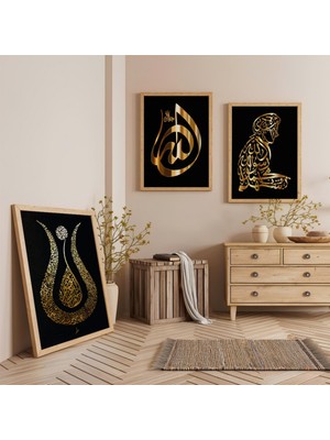 Ahşap Çerçeveli Lale ve Secde Eden Adam Üçlü Ahşap Tablo Seti