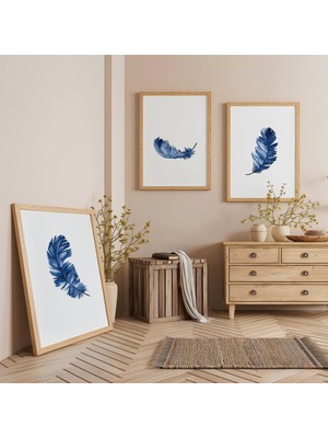 Ahşap Çerçeveli Mavi Tüy Üçlü Ahşap Tablo Seti