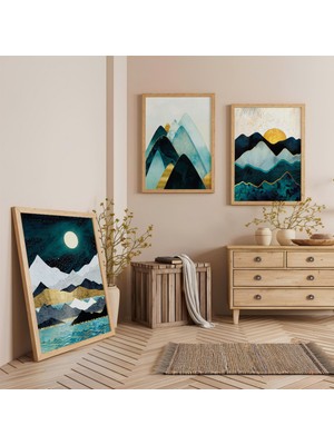Ahşap Çerçeveli Soyut Dağ Manzarası Üçlü Ahşap Tablo Seti