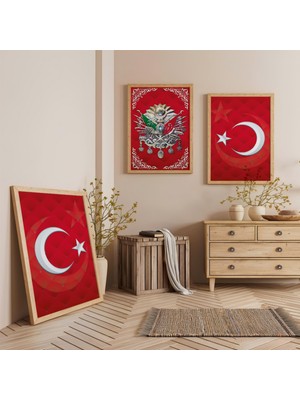 Ahşap Çerçeveli Kırmızı Arka Planlı Beyaz Desenli Osmanlı Tuğrası Üçlü Ahşap Tablo Seti
