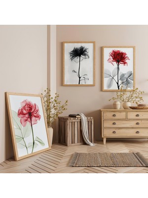 Ahşap Çerçeveli Renkli Gül Çizim Modern Üçlü Ahşap Tablo Seti