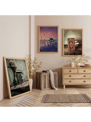 Ahşap Çerçeveli Cami ve Kuran Üçlü Ahşap Tablo Seti