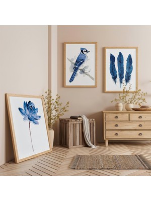 Ahşap Çerçeveli Mavi Renk Kuş Çiçek Üçlü Ahşap Tablo Seti