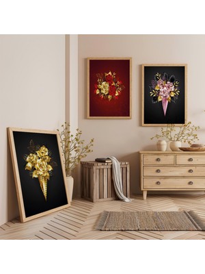 Ahşap Çerçeveli Renkli Çiçekler Üçlü Ahşap Tablo Seti