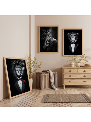 Ahşap Çerçeveli Hayvanlar Mafyası Üçlü Ahşap Tablo Seti