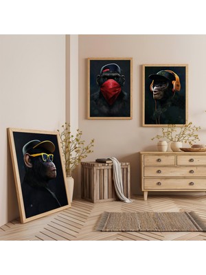 Ahşap Çerçeveli 3 Tarz Maymun Üçlü Ahşap Tablo Seti