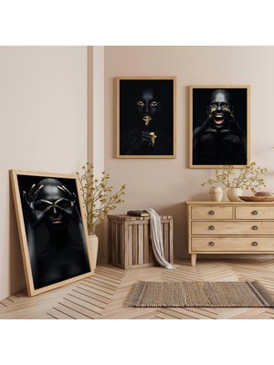 Ahşap Çerçeveli Siyahi Kadınlar Üçlü Ahşap Tablo Seti