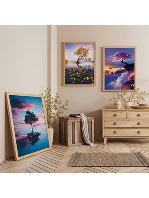 Ahşap Çerçeveli Renkli Ağaçlar Üçlü Ahşap Tablo Seti
