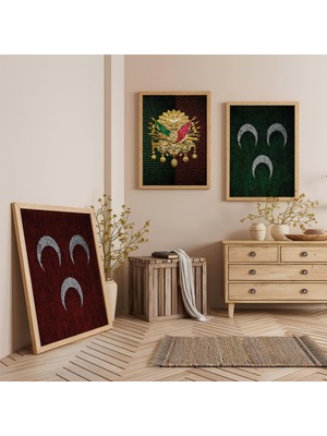 Ahşap Çerçeveli Üç Hilal ve Osmanlı Tuğrası Üçlü Ahşap Tablo Seti