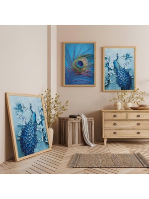 Ahşap Çerçeveli Mavi Tavus Kuşu Üçlü Ahşap Tablo Seti