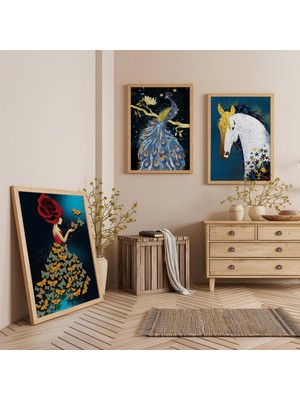 Ahşap Çerçeveli Hayvan Figürlü Üçlü Ahşap Tablo Seti