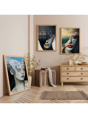 Ahşap Çerçeveli Hayal ve Gerçek Arasında Üçlü Ahşap Tablo Seti