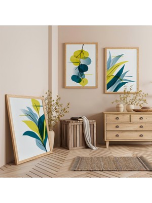 Ahşap Çerçeveli Bitkisel Harmoni Üçlü Ahşap Tablo Seti