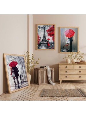 Ahşap Çerçeveli Paris Aşkları Üçlü Ahşap Tablo Seti