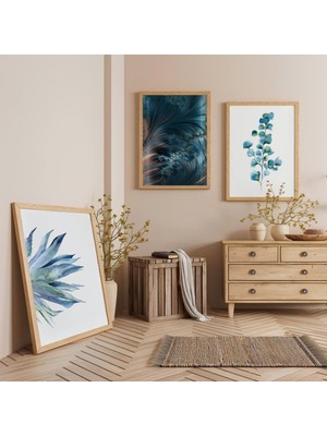 Ahşap Çerçeveli Mavi Bitki Üçlü Ahşap Tablo Seti