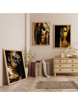 Ahşap Çerçeveli Altının Sessizliği Üçlü Ahşap Tablo Seti