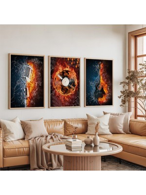 Ahşap Çerçeveli Alev ve Müziğin Senfonisi Üçlü Ahşap Tablo Seti