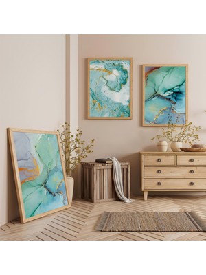 Ahşap Çerçeveli Akışkan Sanat Üçlü Ahşap Tablo Seti