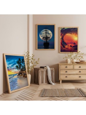 Ahşap Çerçeveligün Batımına Doğru Yolculuk Üçlü Ahşap Tablo Seti