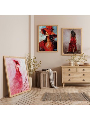 Ahşap Çerçeveli Kırmızıya Bürünmüş Kadın Temal Üçlü Ahşap Tablo Seti