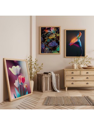 Ahşap Çerçeveli Renkli Çiçekler Üçlü Ahşap Tablo Seti