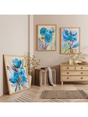 Ahşap Çerçeveli Gökyüzü Çiçekleri Üçlü Ahşap Tablo Seti