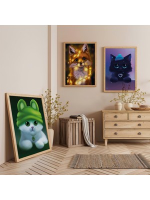 Ahşap Çerçeveli Minnoş Hayvanlar Üçlü Ahşap Tablo Seti