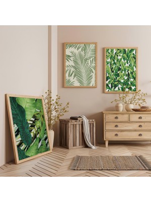 Ahşap Çerçeveli Yeşil Yapraklar Modern Üçlü Ahşap Tablo Seti