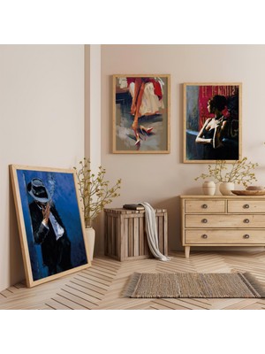 Ahşap Çerçeveli Moda ve Melankoli Üçlü Ahşap Tablo Seti